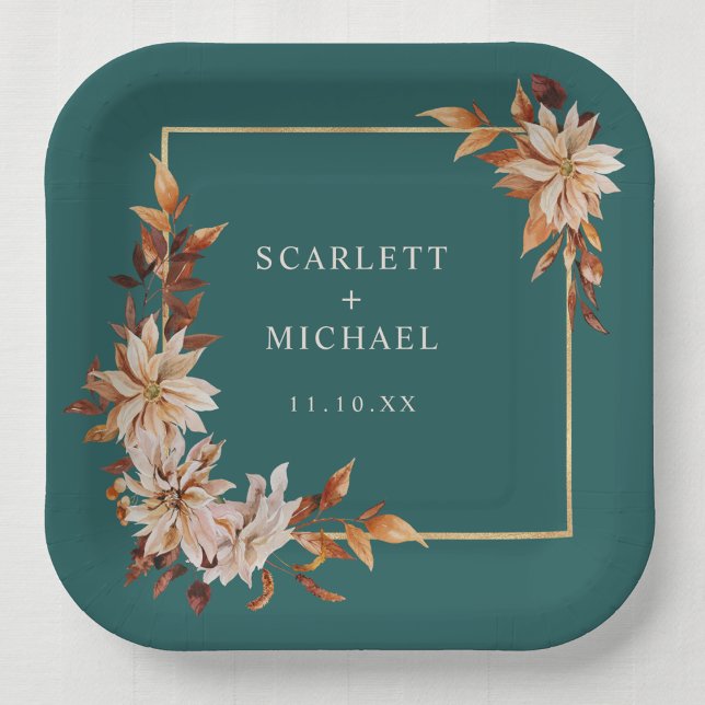 Rustikales Türkis Herbst Pappteller (Rustic Watercolor Teal Fall Leaves Floral Decor Paper Plates by Painted Paperie
)