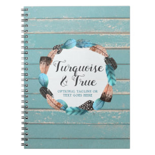 Rustikales Türkis-Holz u. Feder-Kranz Boho Chic Notizblock
