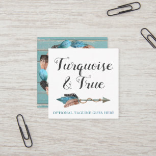 Rustikales Türkis-Holz-u. Feder-Pfeil Boho Chic Quadratische Visitenkarte