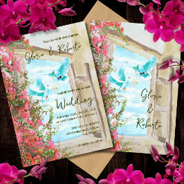 Rustikales Türkis Lovebirds Bougainvillea Wedding Einladung
