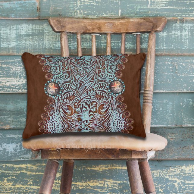 Rustikales, türkisfarbenes Western Dekokissen (Rustic brown turquoise western country pattern accent pillow)