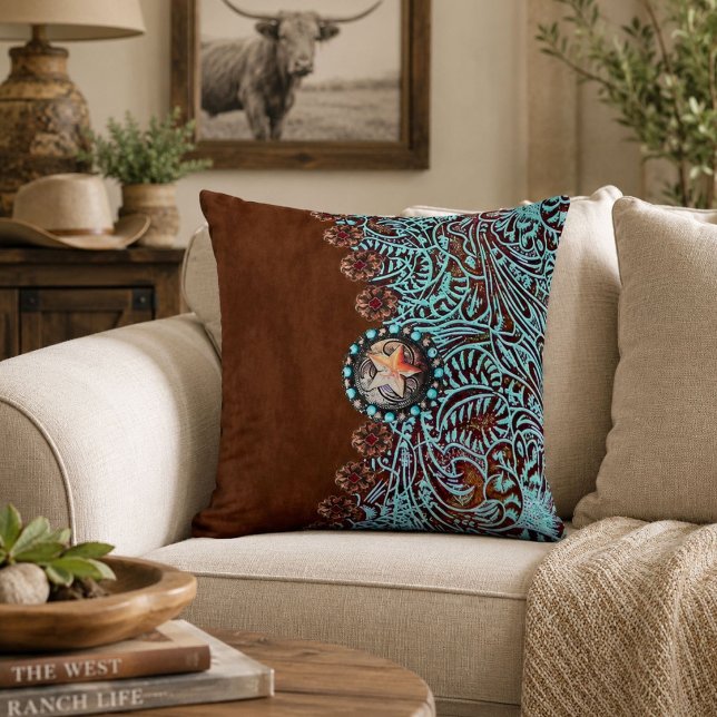 Rustikales, türkisfarbenes Western Kissen (Rustic brown turquoise western country pattern throw pillow)