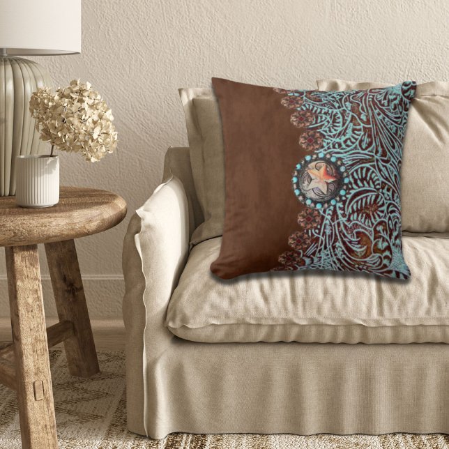 Rustikales, türkisfarbenes Western Kissen (Rustic brown turquoise western country pattern throw pillow)