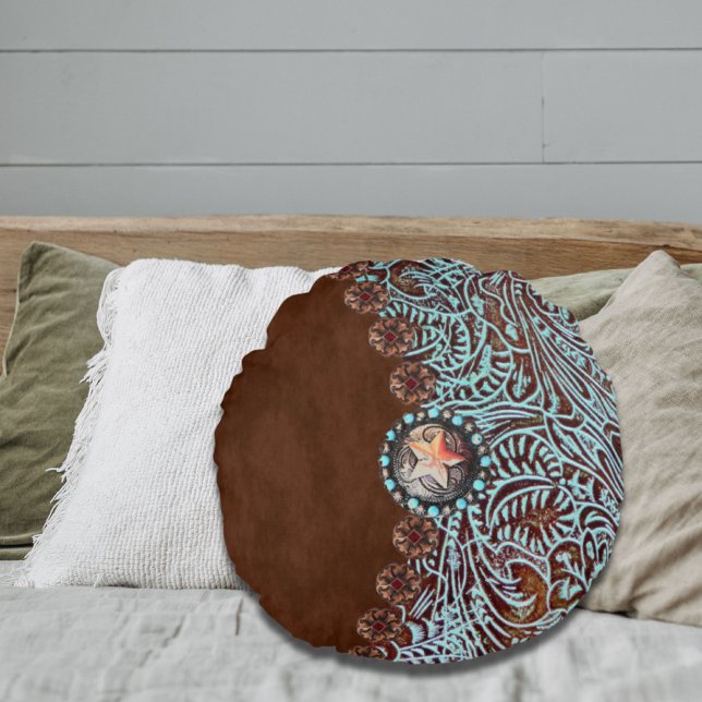 Rustikales, türkisfarbenes Western Rundes Kissen (Rustic brown turquoise western country pattern round pillow)