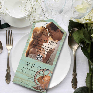 Rustikales Türkiswetter-Holz QR-Foto All In One Einladung