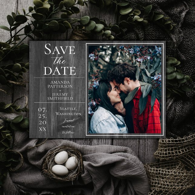 Rustikales und einfaches Foto | Graue Save the Dat Save The Date (Gray Rustic and Simple Photo Save the Date)