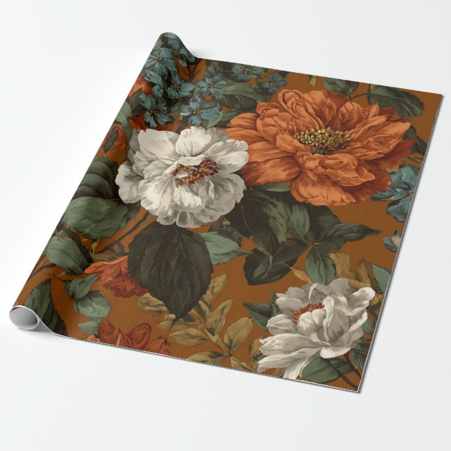 Rustikales verbranntes Orange Grün Botanisches Flo Geschenkpapier (Ungerollt)