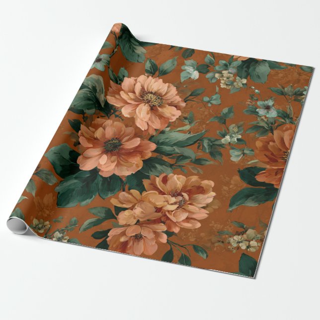 Rustikales verbranntes Orange Grün Botanisches Flo Geschenkpapier (Ungerollt)