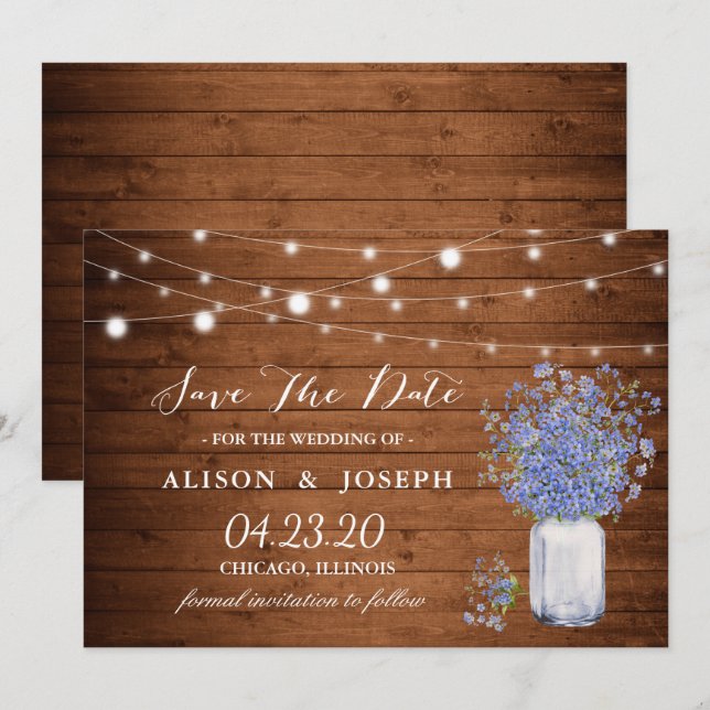 Rustikales Vergessen nicht ich Lichter Hochzeit sp Save The Date (Vorne/Hinten)