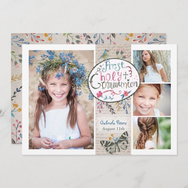 Rustikales Vintag Beige Erste Heilige Kommune Blum Einladung (Vorne/Hinten)