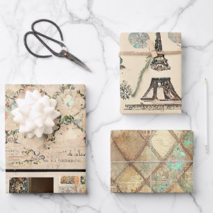 Rustikales Vintag Romantisches Paris Geschenkpapier Set