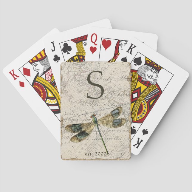 Rustikales Vintage-Libellen-Monogramm Spielkarten (Rückseite)