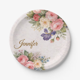 Rustikales Vintage-personalisiertes Blumenrosendes Pappteller