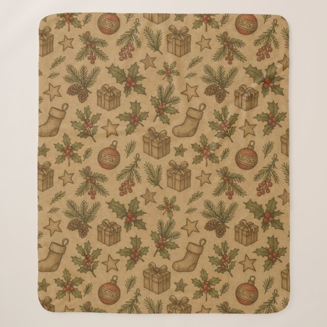 Rustikales, vintage Weihnachtsmuster Sherpadecke (Vorderseite)
