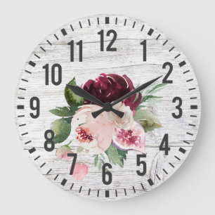 Rustikales Vintages Barholz Burgund Pink Floral Große Wanduhr