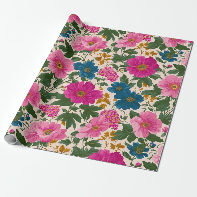 Rustikales Vintages Blau- und rosa Blumenmuster Geschenkpapier (Ungerollt)