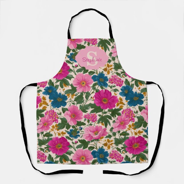 Rustikales Vintages Blau- und rosa Blumenmuster Schürze (Vorderseite)