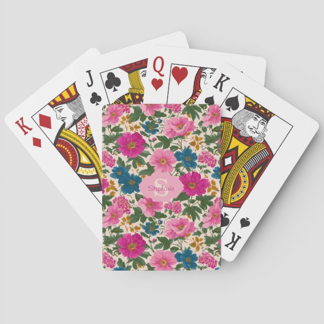 Rustikales Vintages Blau- und rosa Blumenmuster Spielkarten (Rückseite)