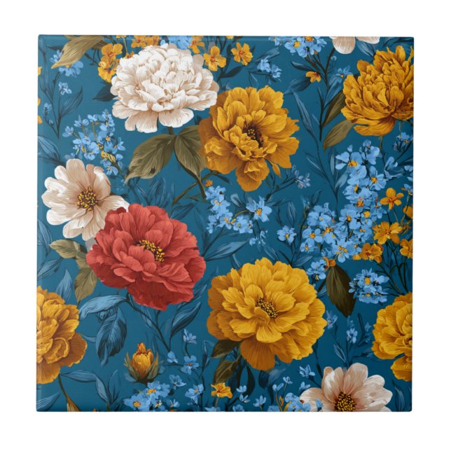 Rustikales Vintages Blumenmuster in blau Fliese (Vorderseite)