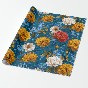 Rustikales Vintages Blumenmuster in blau Geschenkpapier