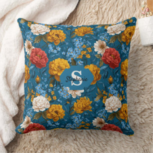 Rustikales Vintages Blumenmuster in blau Kissen
