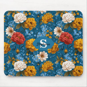 Rustikales Vintages Blumenmuster in blau Mousepad