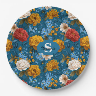 Rustikales Vintages Blumenmuster in blau Pappteller