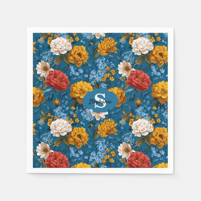 Rustikales Vintages Blumenmuster in blau Serviette (Vorderseite)