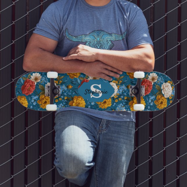 Rustikales Vintages Blumenmuster in blau Skateboard (Außenbereich 3)