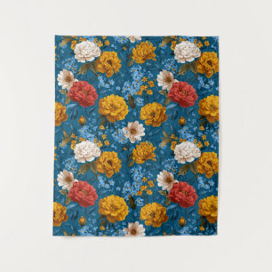 Rustikales Vintages Blumenmuster in blau Wandteppich