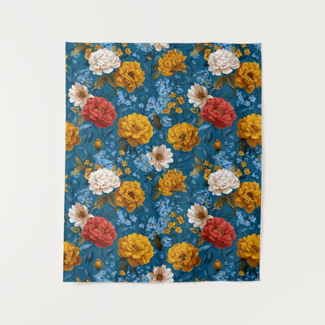 Rustikales Vintages Blumenmuster in blau Wandteppich (Vorderseite)