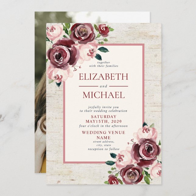 Rustikales Vintages Burgund Blush Rose Foto Hochze Einladung (Vorne/Hinten)