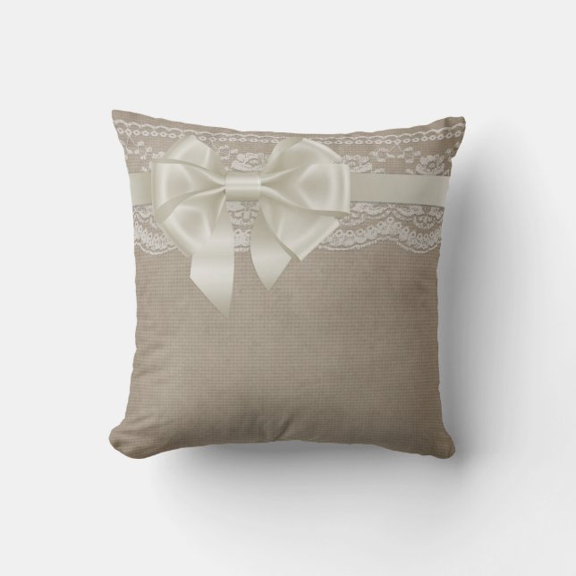 Rustikales Vintages Burlap & Lace Kissen (Vorderseite)