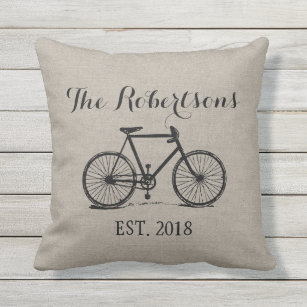 Rustikales Vintages Fahrrad-Hochzeits-Monogramm Kissen Für Draußen