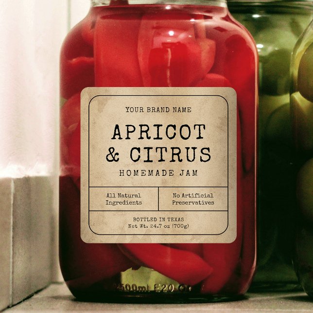 Rustikales, Vintages, hausgemachte Jam Jar Square  Quadratischer Aufkleber (Rustic brown paper effect square product labels suitable for large preserve & pickle jars)