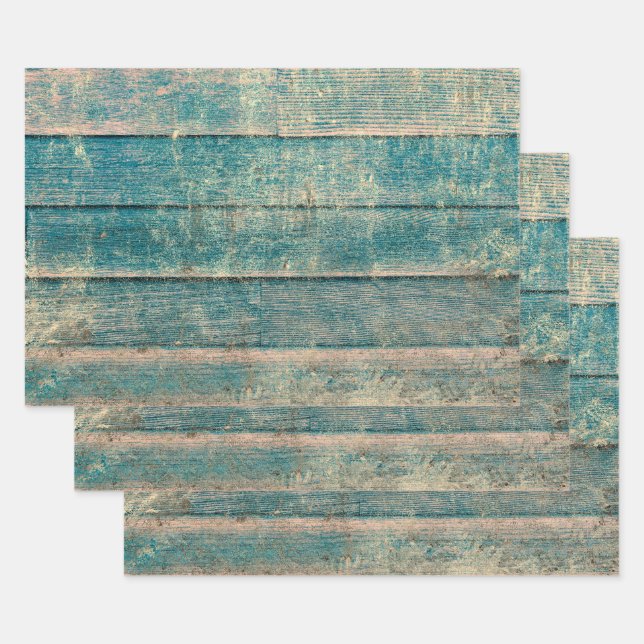 Rustikales Vintages Land Aquamarin Sepia Holzstruk Geschenkpapier Set (Set)