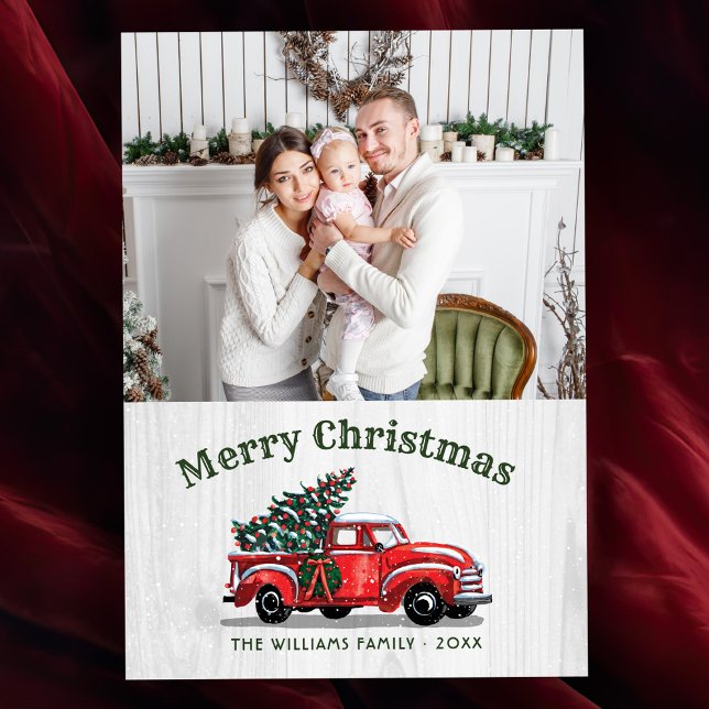 Rustikales Vintages Red Truck Foto Weihnachten (Rustic Family Photo Red Truck Merry Christmas Card)