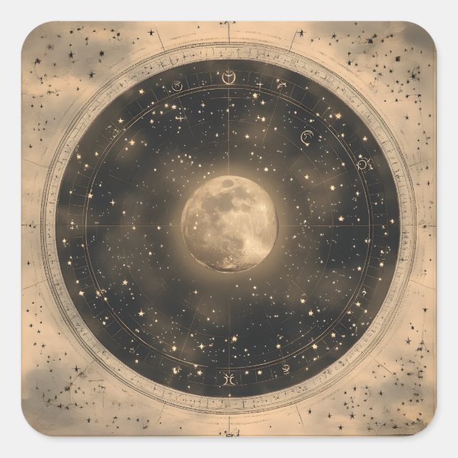 Rustikales Vintages Vollmond Celestial Design Quadratischer Aufkleber (Vorderseite)