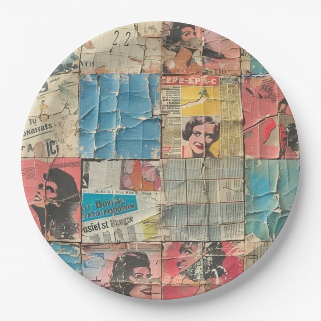 Rustikales Vintages Zeitungs-Patchwork-Collage (10 Pappteller (Vorderseite)
