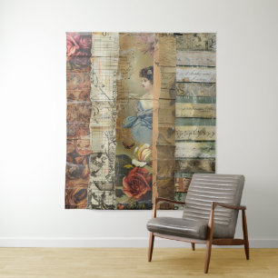 Rustikales Vintages Zeitungs-Patchwork-Collage (10 Wandteppich