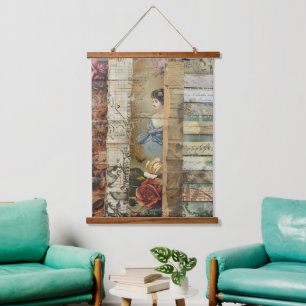 Rustikales Vintages Zeitungs-Patchwork-Collage (10 Wandteppich Mit Holzrahmen