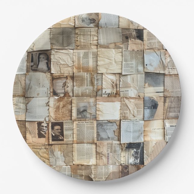 Rustikales Vintages Zeitungs-Patchwork-Collage (12 Pappteller (Vorderseite)