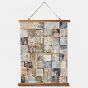 Rustikales Vintages Zeitungs-Patchwork-Collage (12 Wandteppich Mit Holzrahmen