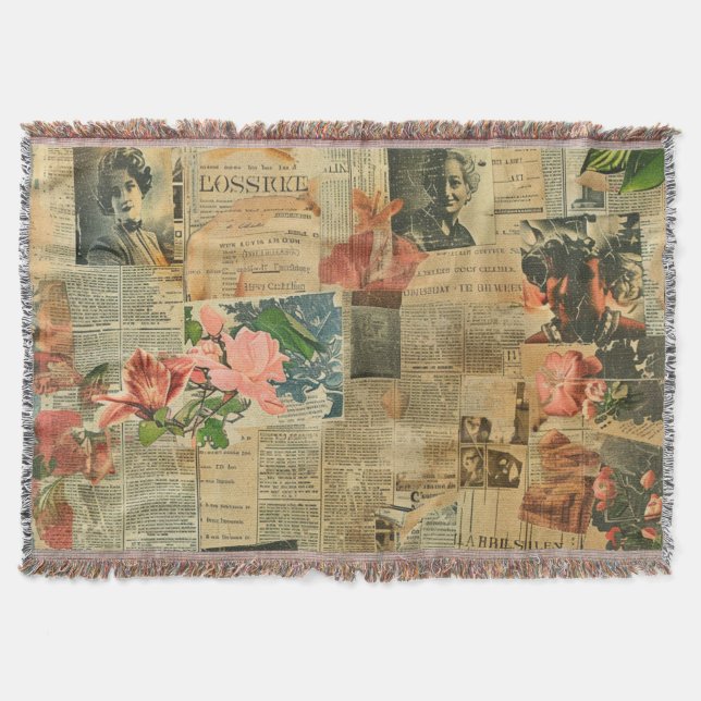 Rustikales Vintages Zeitungs-Patchwork-Collage (2) Decke (Vorderseite)