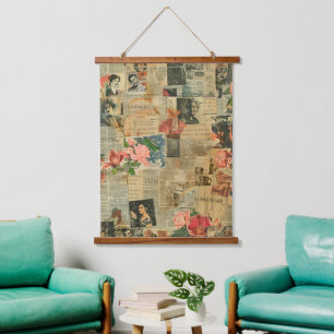 Rustikales Vintages Zeitungs-Patchwork-Collage (2) Wandteppich Mit Holzrahmen