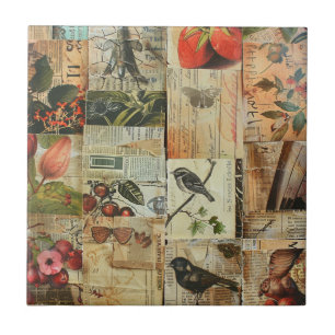 Rustikales Vintages Zeitungs-Patchwork-Collage (4) Fliese