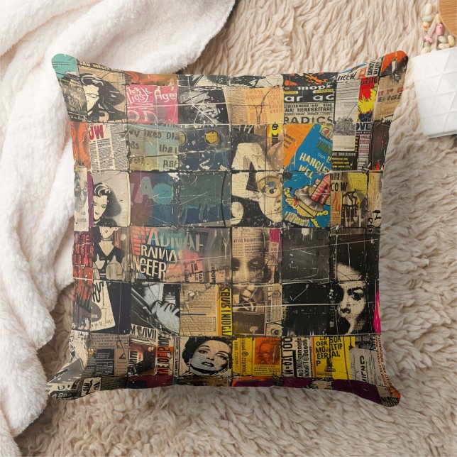 Rustikales Vintages Zeitungs-Patchwork-Collage (7) Kissen (Decke)
