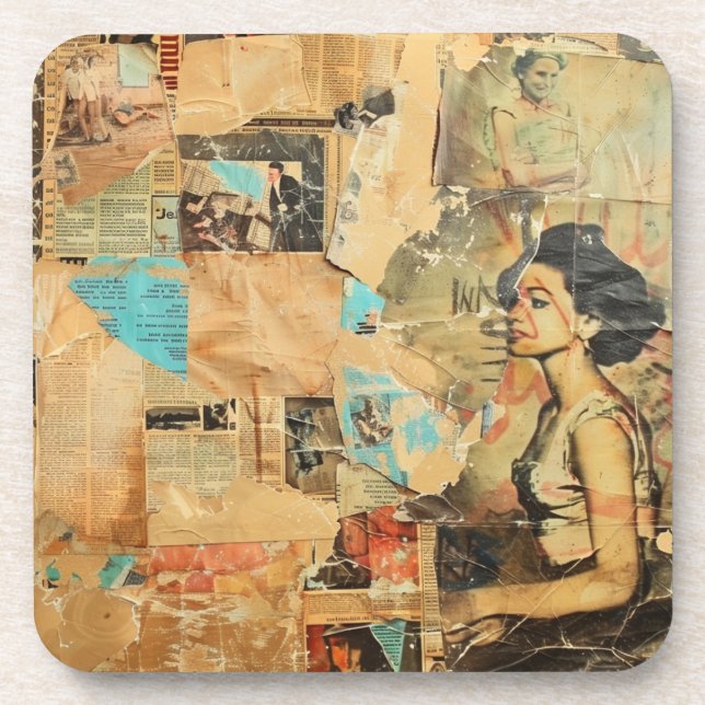 Rustikales Vintages Zeitungs-Patchwork-Collage (8) Getränkeuntersetzer (Vorderseite)
