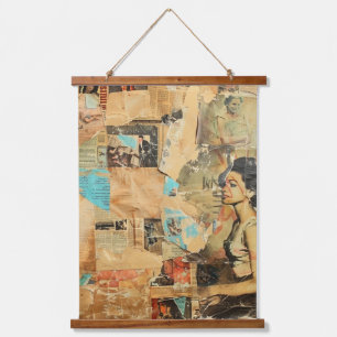Rustikales Vintages Zeitungs-Patchwork-Collage (8) Wandteppich Mit Holzrahmen