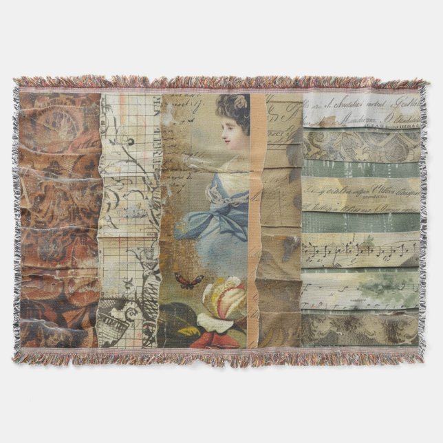 Rustikales Vintages Zeitungs-Patchwork-Collage (9) Decke (Vorderseite)